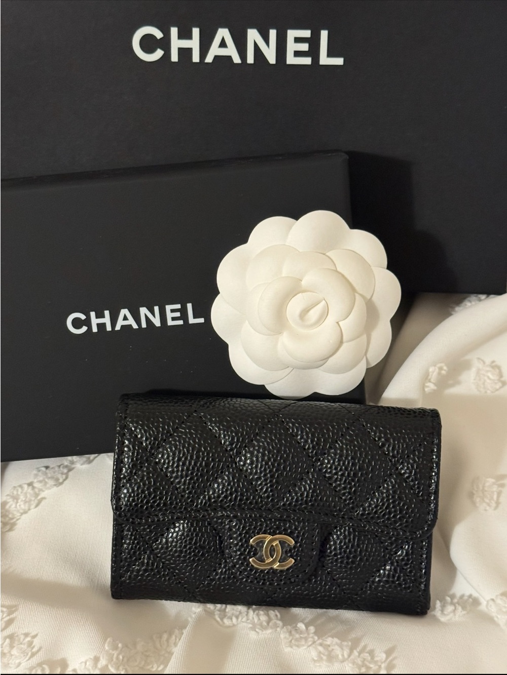 CHANEL Classic Black Quilted Caviar Leather Mini Wallet with Gold CC Logo - Picture 1 of 2